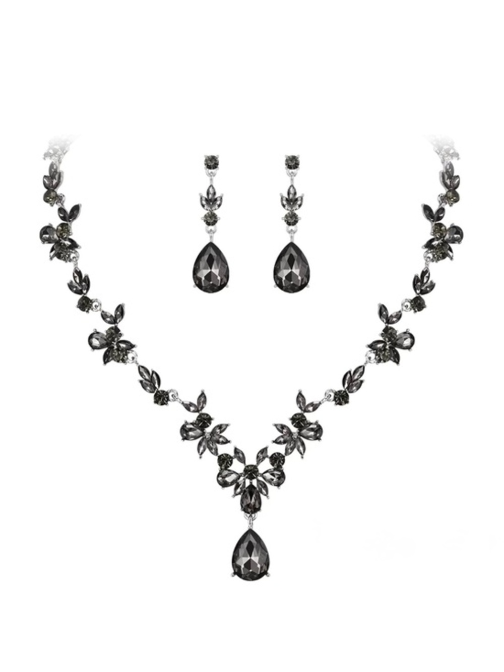 NWT EleQueen Rhinestone Crystal Floral Pendant Necklace & Dangle Earrings, Black